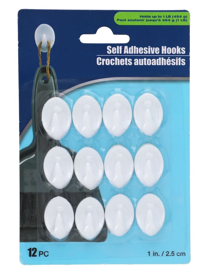 Tool Bench Mini Self Adhesive Hooks, 1 in, White (12 ct)