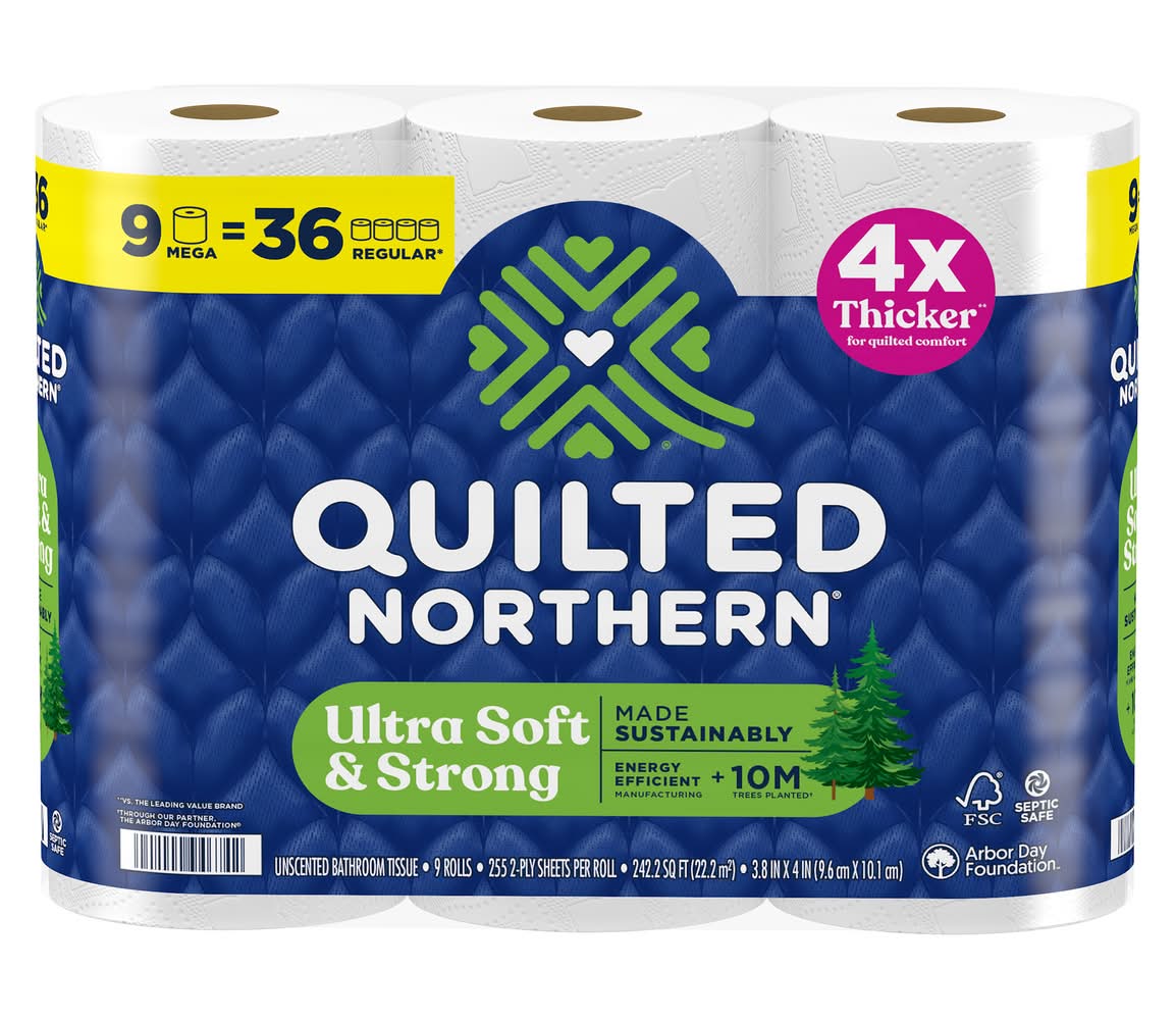 Quilted Northern 2-Ply Ultra Soft & Strong Unscented Mega Bathroom Tissue Rolls, 3.8x4 in (9 ct)