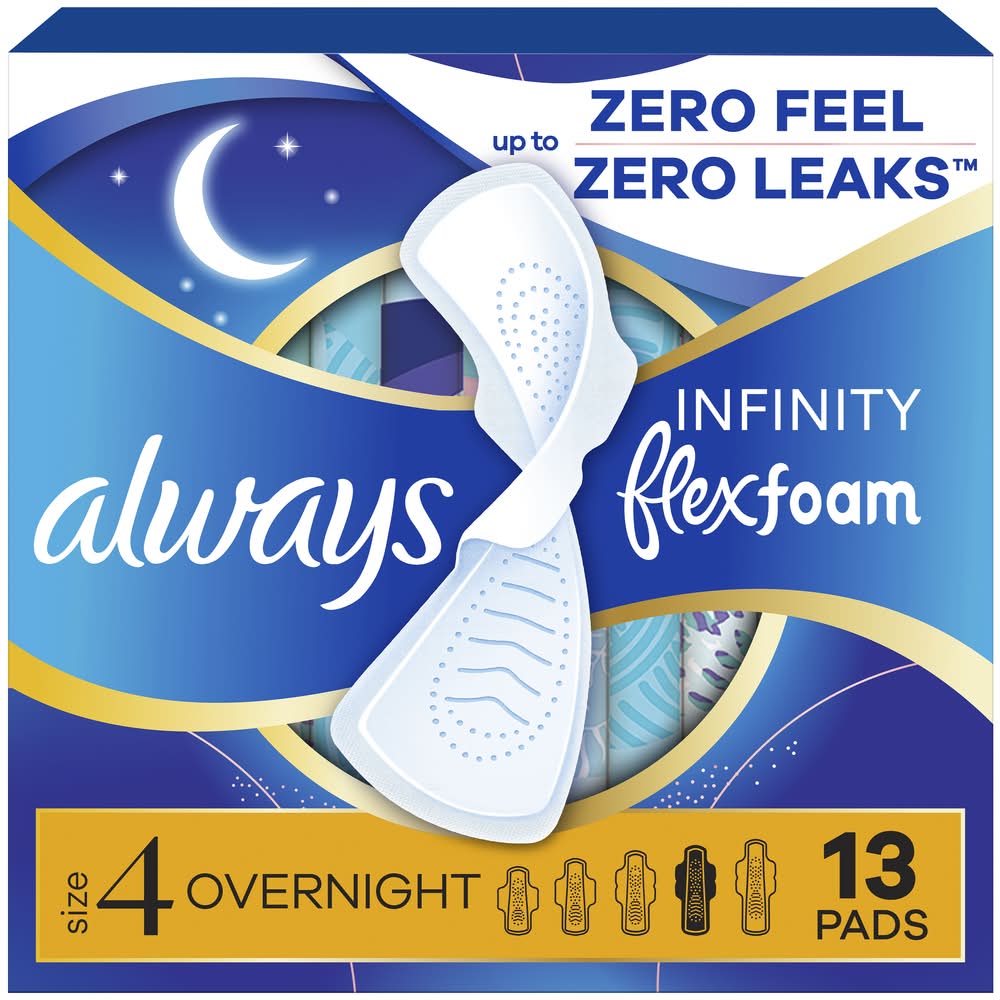 Always Infinity Flexfoam Overnight Unscented Pads, Size 4 (4.2 oz, 13 ct)