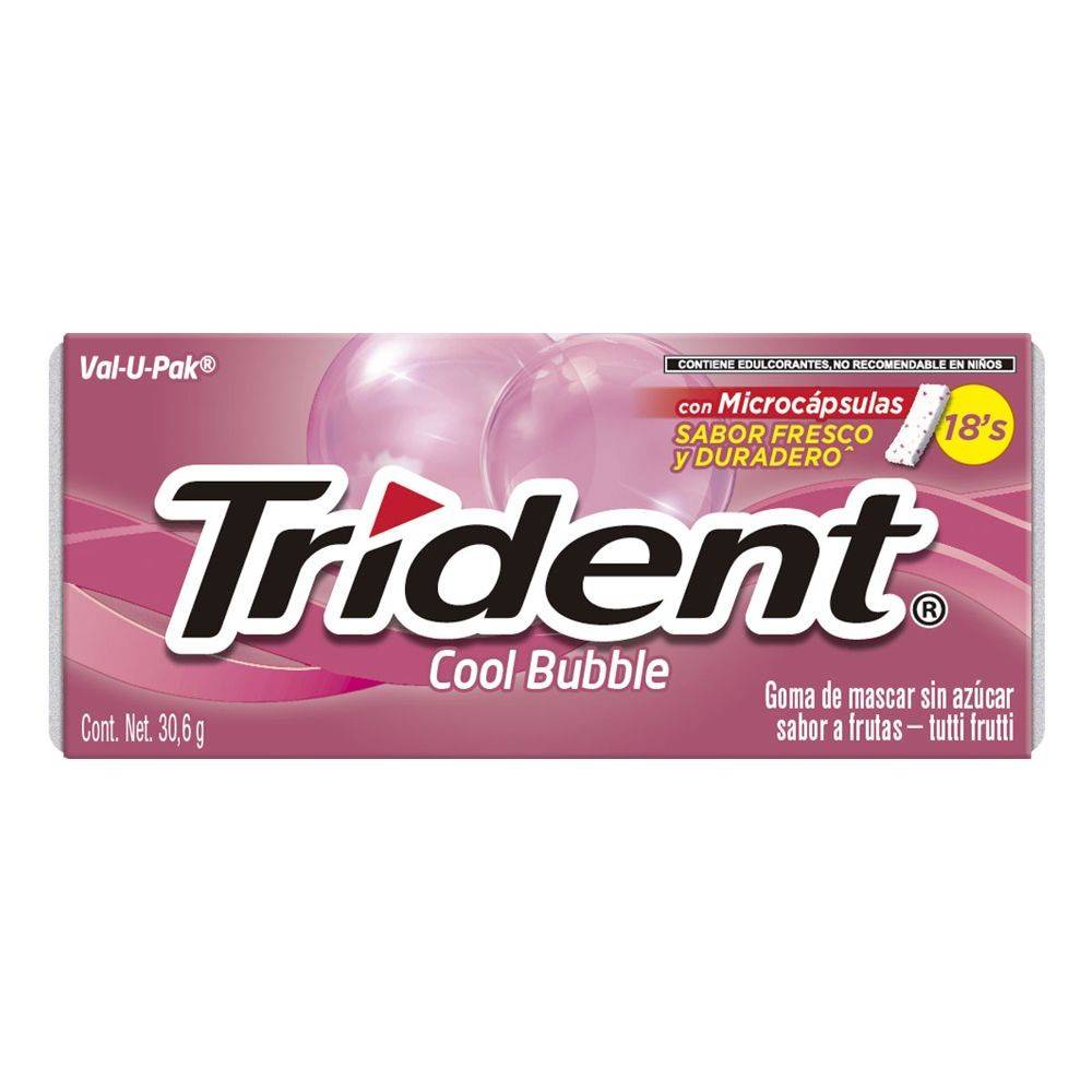 Trident · Goma de mascar cool bubble sin azúcar, frutas-tutti frutti (18 un)