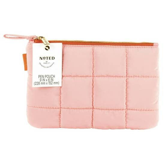 Noted By Post-it® Pen Pouch With Zipper, 9"H x 6"W x 5/8"D, Quilted Pink