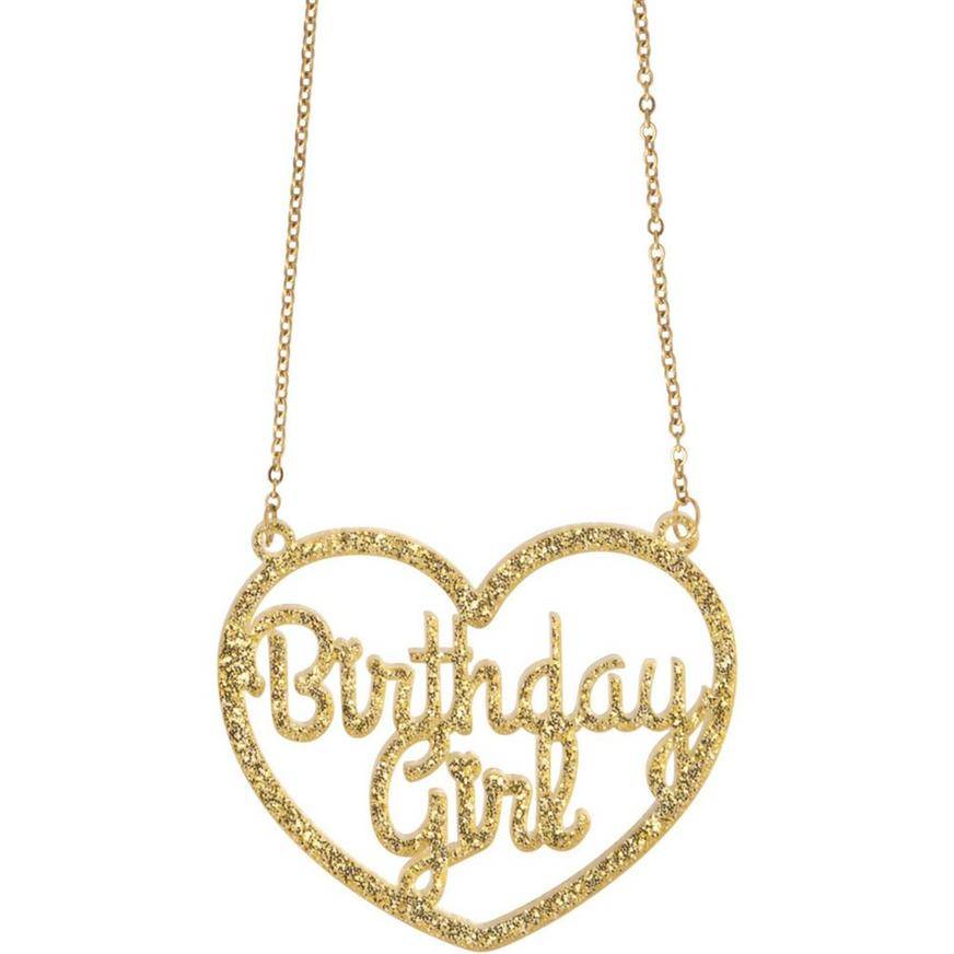 Party City Glitter Birthday Girl Metal Plastic Pendant Chain Necklace (25in/gold )