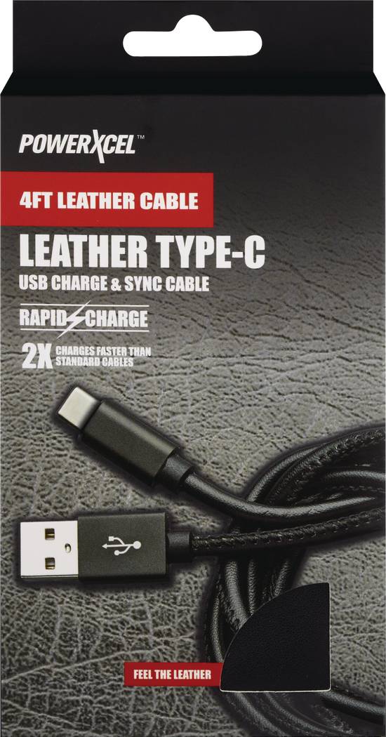 PowerXcel Type-C Charge and Sync Leather Cable, Black