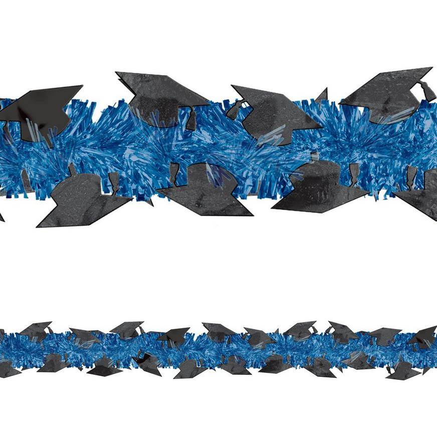 Blue Graduation Cap Tinsel Plastic Garland, 9ft