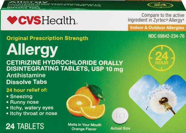 CVS Health 24HR Allergy Cetirizine HCl Orally Disintegrating Tablets, Orange, 24 CT