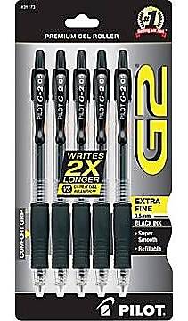 Pilot G2 Retractable Gel Pens, Extra Fine Point, 0.5mm, Black Ink, 5/Pack (31173)