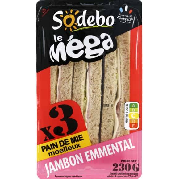 Sodebo Le Mega Club Complet Au Pain De Mie Complet Garni De Jambon Cuit Et D'Emmental Le Paquet De 3, 230G