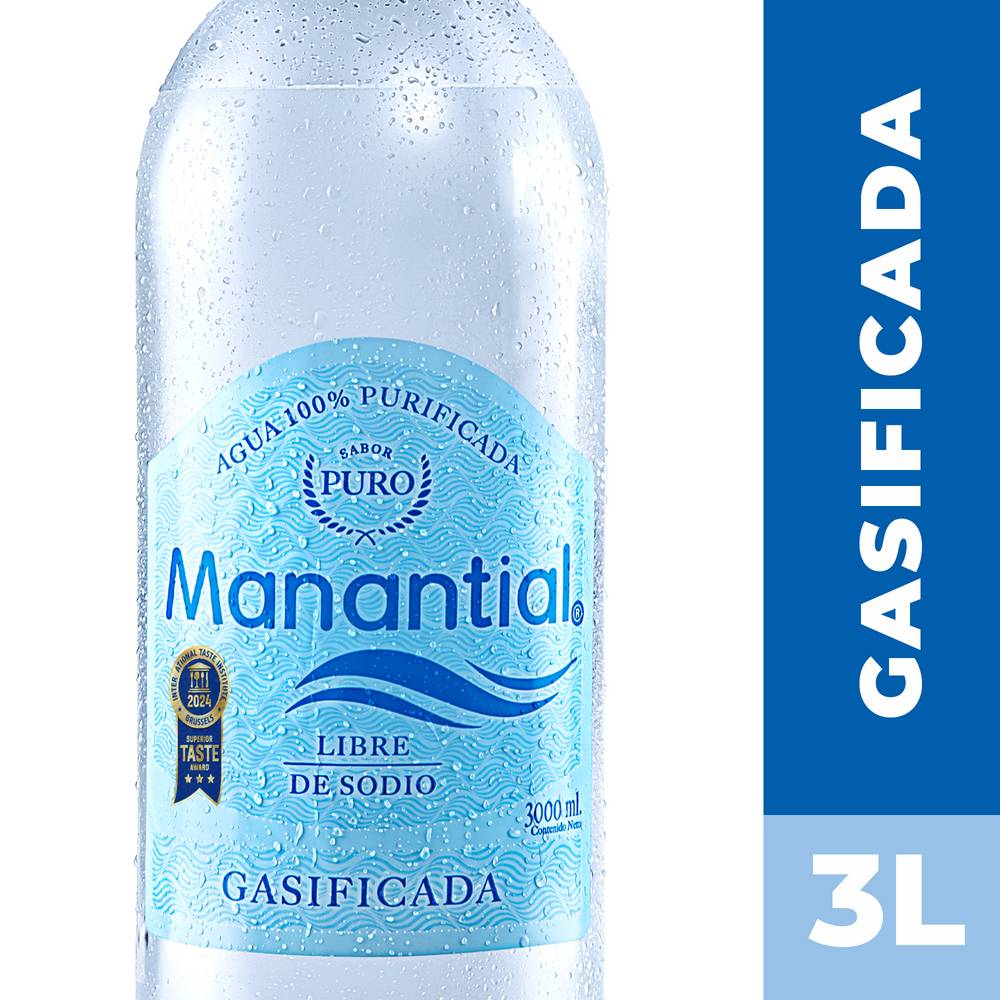 Manantial · Agua purificada gasificada (3 L)