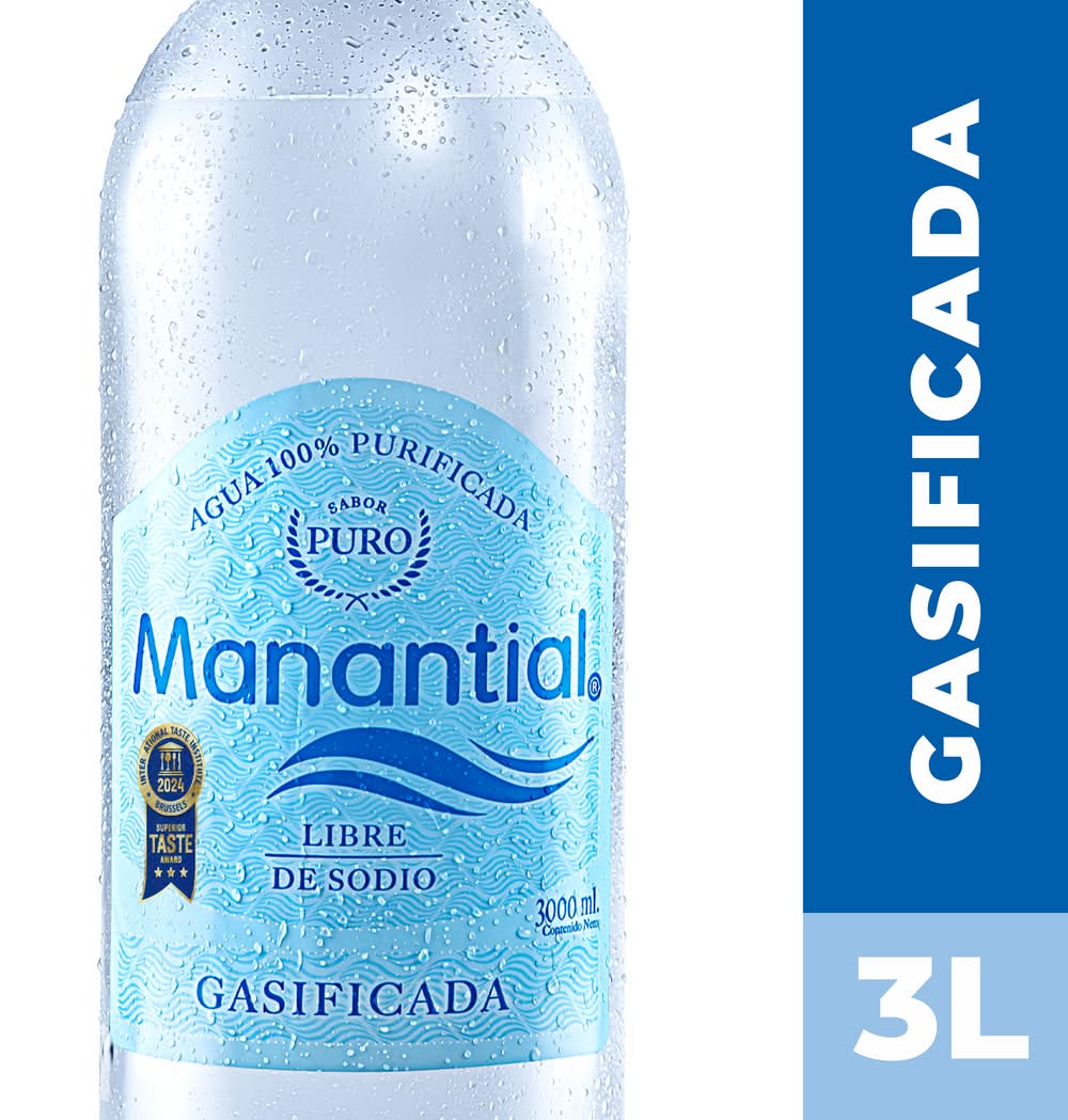 Manantial · Agua purificada gasificada (3 L)