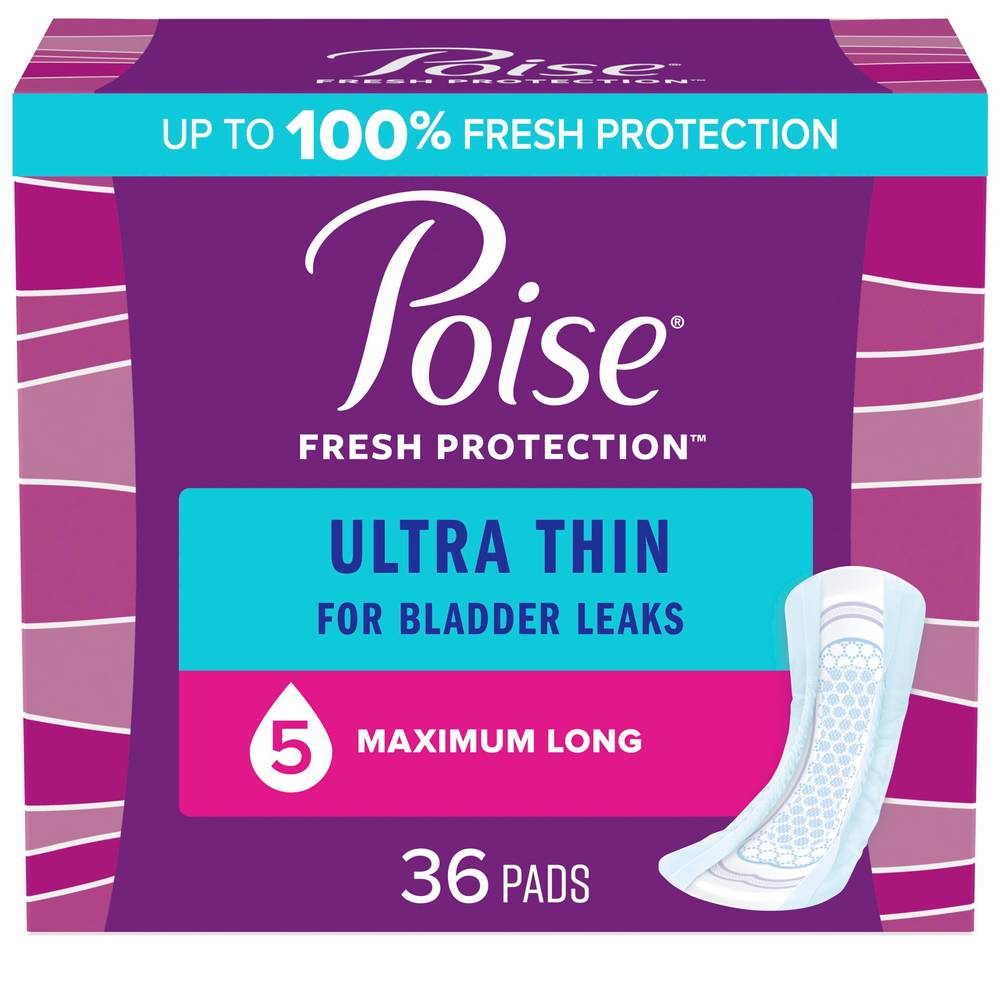 Poise Ultra Thin Incontinence Pads Maximum Absorbency, Long Length, 36 CT
