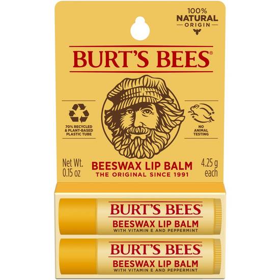 Burt’s Bees 100% Natural Origin Moisturizing Beeswax Lip Balm - Vitamin E & Peppermint, 2 ct