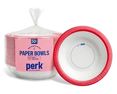 Perk™ 12 oz. Heavy Duty Paper Bowl, White/Red, 50/Pack (53207)