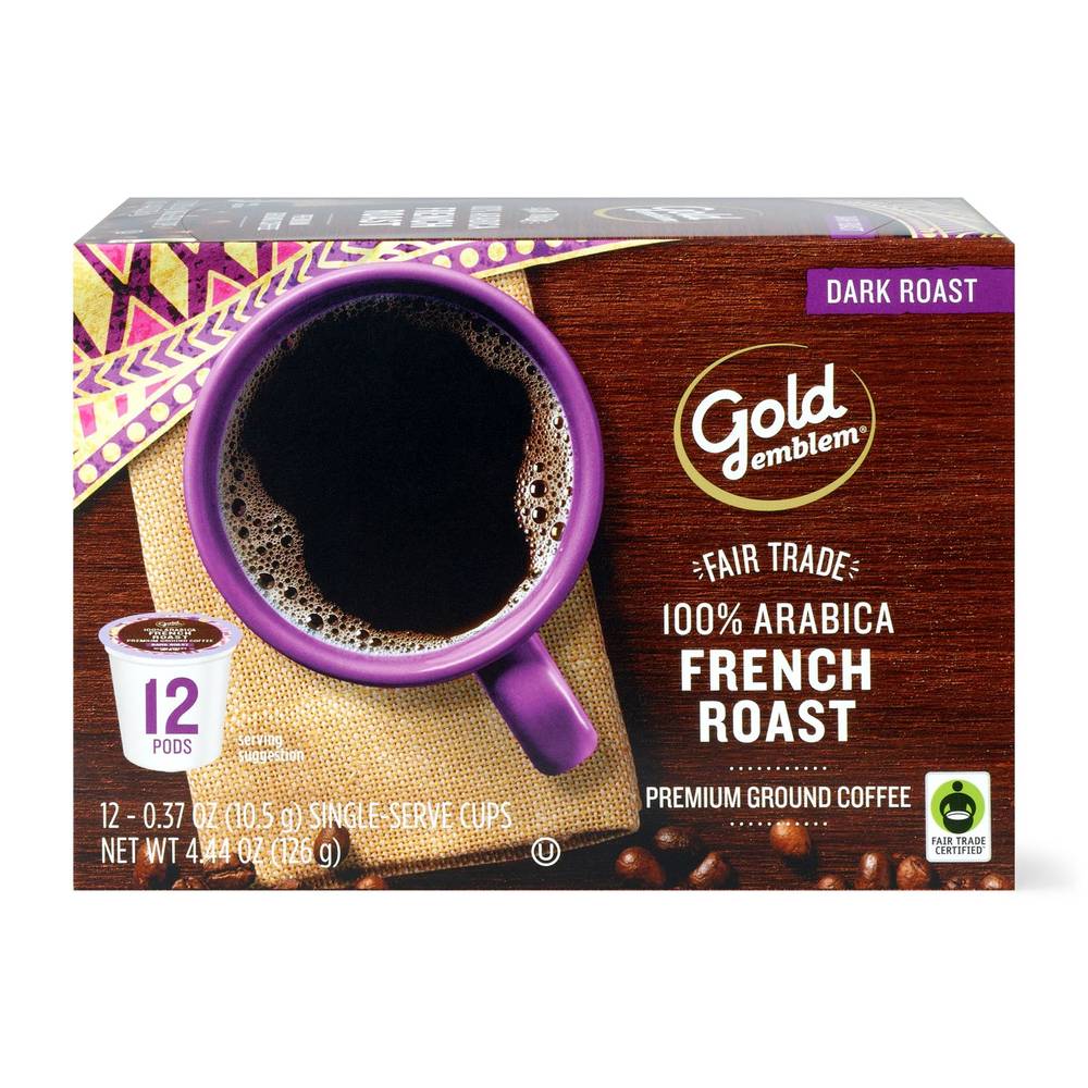 Gold Emblem Fair Trade French Roast Premium Ground Coffee Single-Serve Cups, 12 Ct