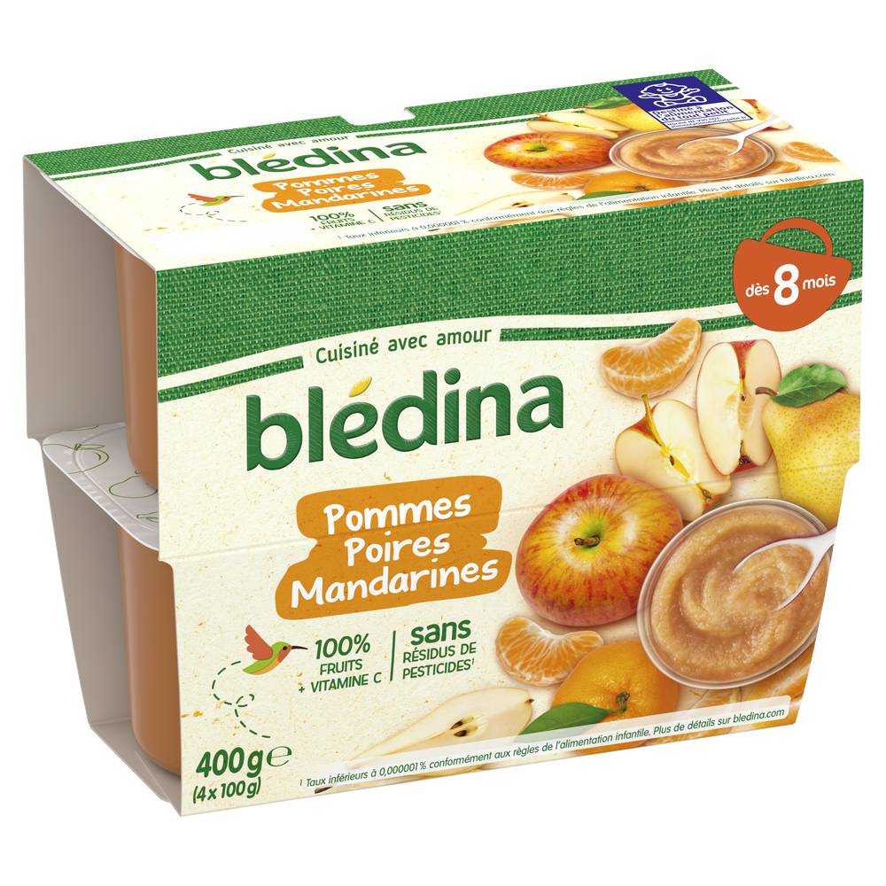 Blédina - Purée de fruits bébé pommes poires mandarines dès 8 mois (4 pièces)