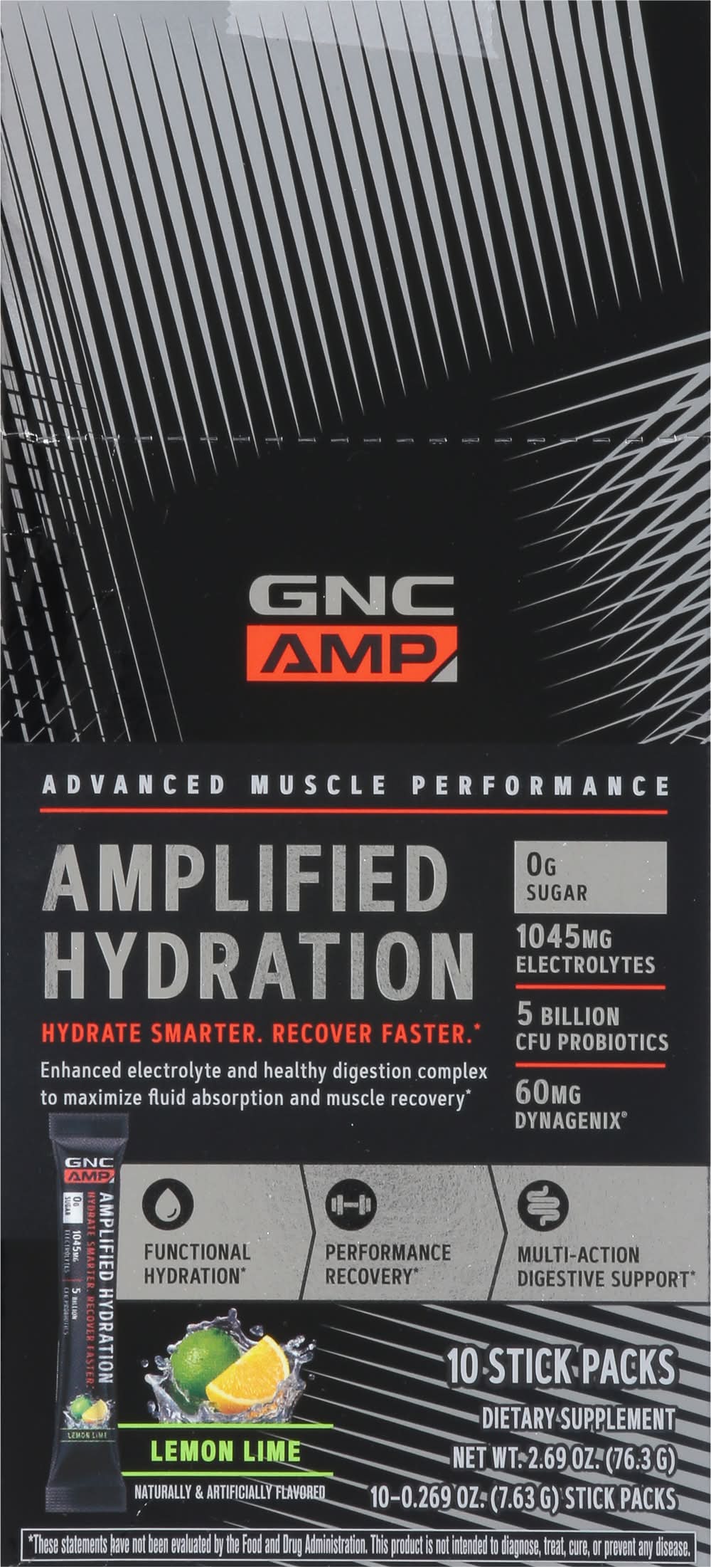 GNC Amp Amplified Hydration Powdered Drink Mix Stick packs, Lemon Lime (10 x 0.27 oz)