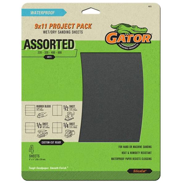 Gator 9-Inch x 11-Inch Waterproof Sanding Sheets - 4475, 4 Pack, Assorted Grit