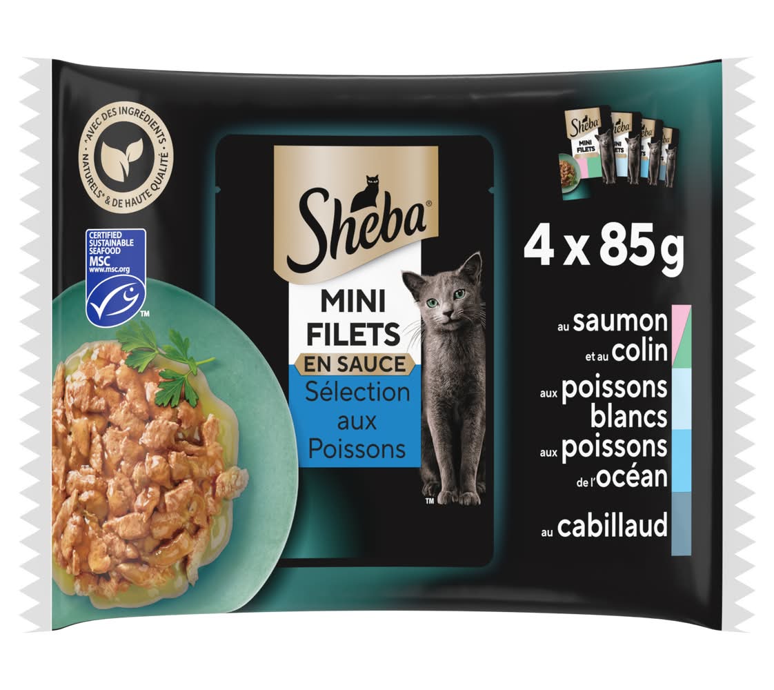 Sheba - Aliment humide pour chat mini filets en sauce aux poissons, assorti, Adulte (4 x 85g)