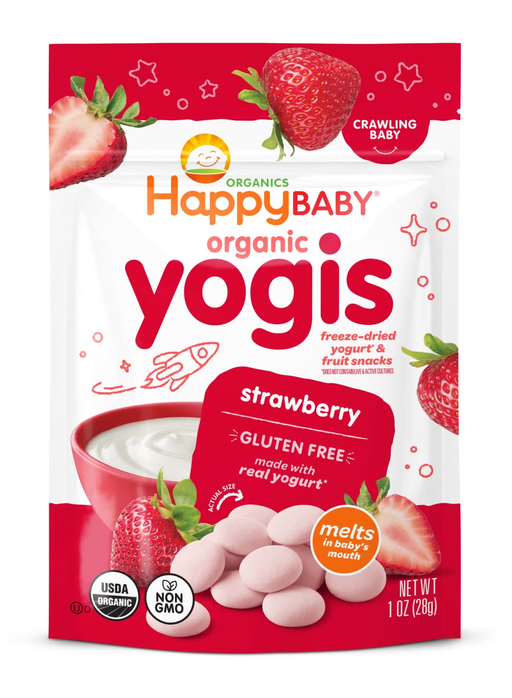 Happy Baby Organic Yogis Freeze-Dried Yogurt & Fruit Snacks For Crawling Babies, Strawberry (1 oz)