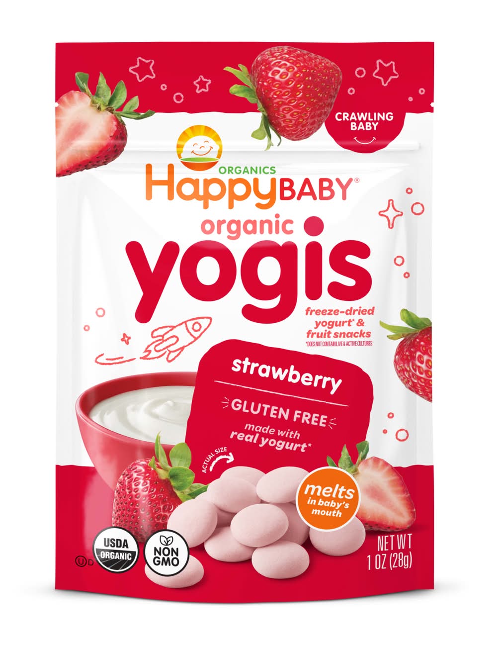 Happy Baby Organic Yogis Freeze-Dried Yogurt & Fruit Snacks For Crawling Babies, Strawberry (1 oz)