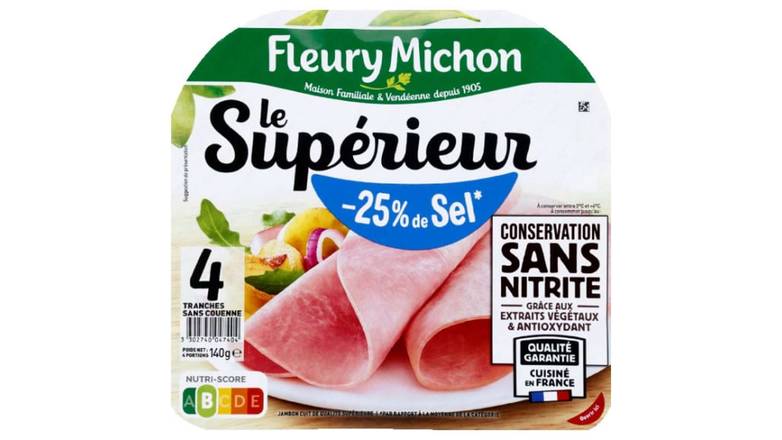 Fleury Michon Jambon le superieur, - 25 % de sel conservation sans nitrite Les 4 tranches, 140g