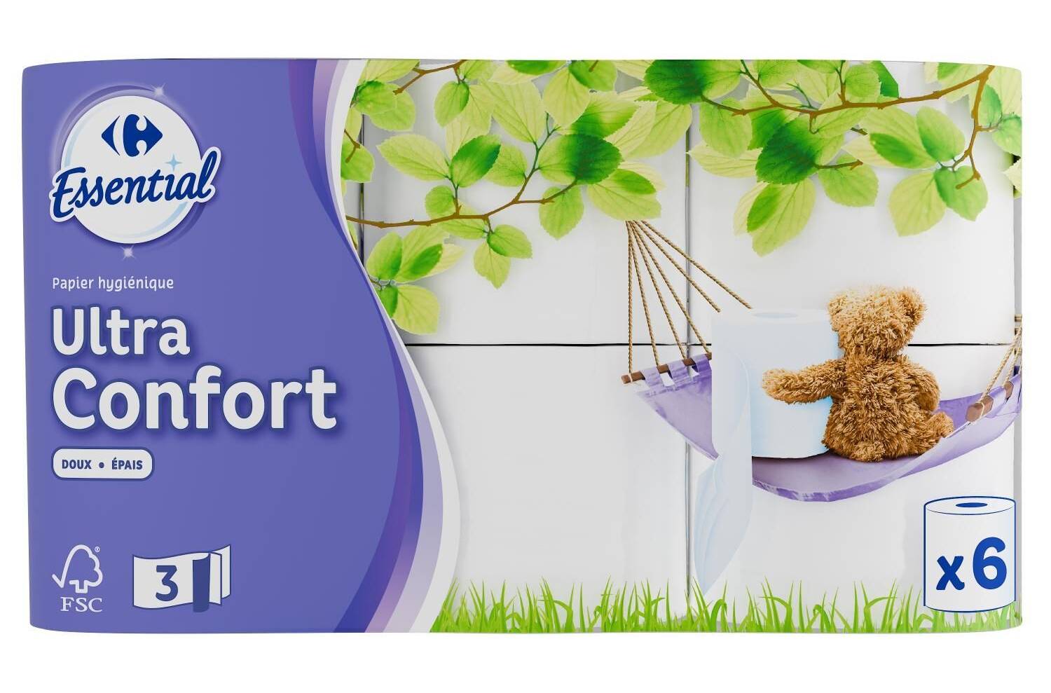 Papier Toilette Doux Et Épais Triple Épaisseur Décoré FSC Recyclable Essential CARREFOUR - les 6 rouleaux