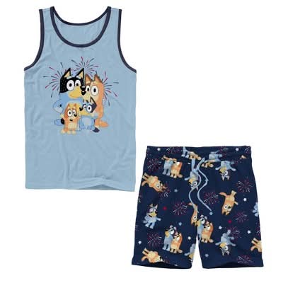 Men's Bluey Americana Tank Top and Shorts Pajama Set - Black/Light Blue S