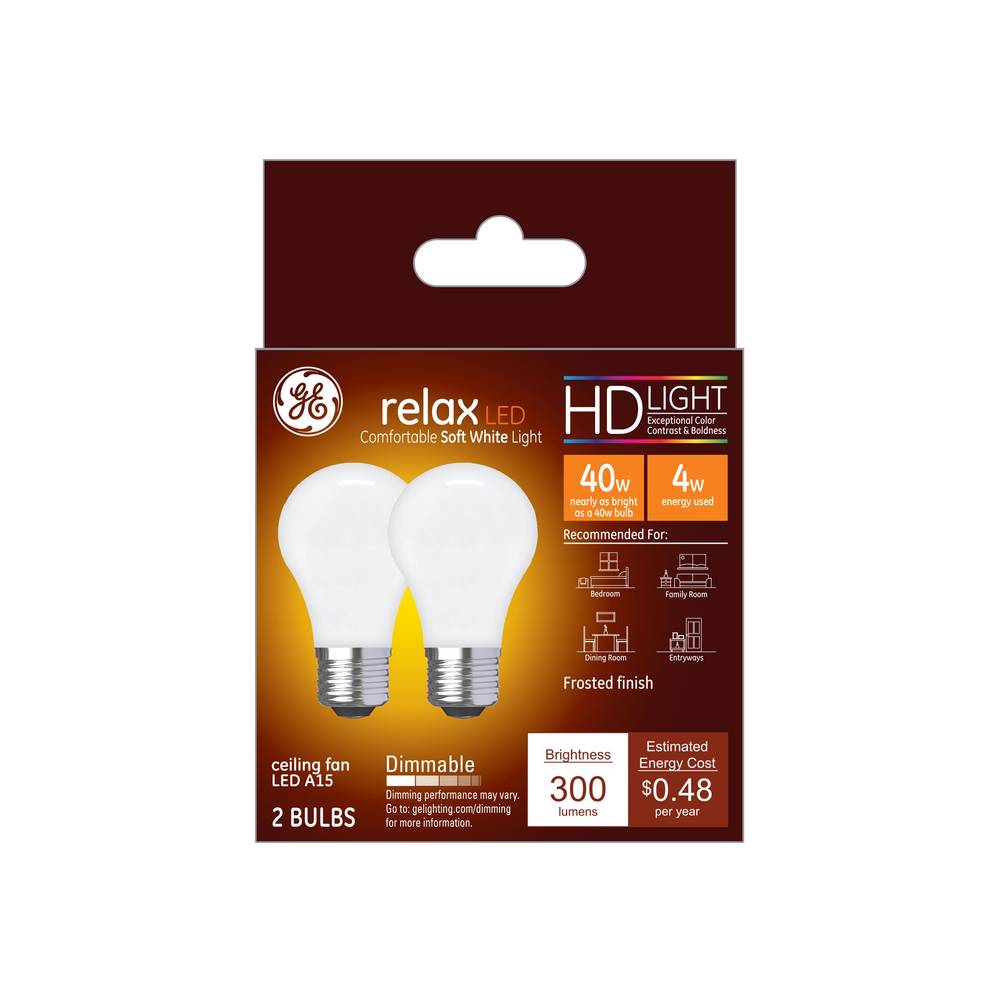 Ge Relax Hd Soft White 40W Replacement Frosted Medium Base Ceiling Fan A15 Light Bulbs, 2 Ct