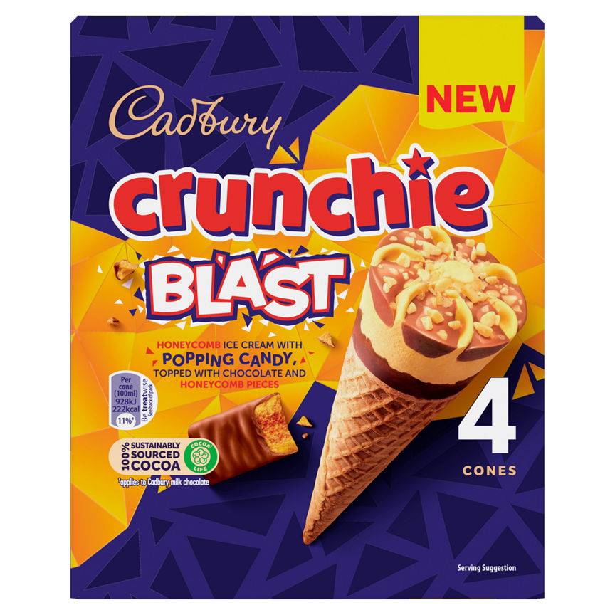 Cadbury Chocolate -Honeycomb, Crunchie Blast Ice Cream Cone (4 pack)