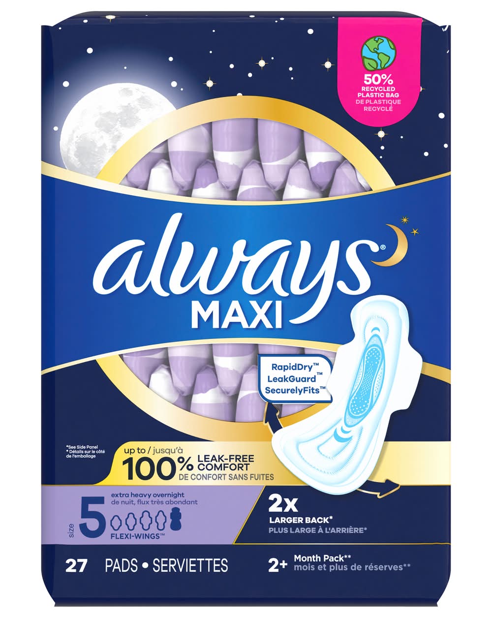 Always Maxi Rapiddry Lockguard Securelyfits Overnight Extra Heavy Flow Pads, Women, 5 (27 ct)