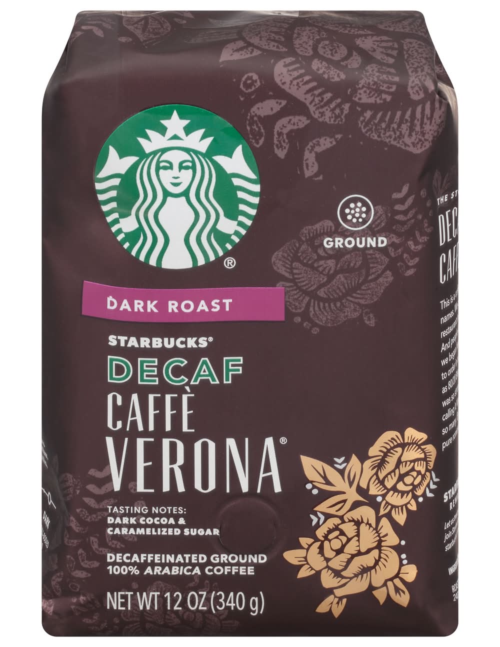 Starbucks 100% Arabica Decaf Dark Roast Ground Coffee, Caffe Verona (12 oz)