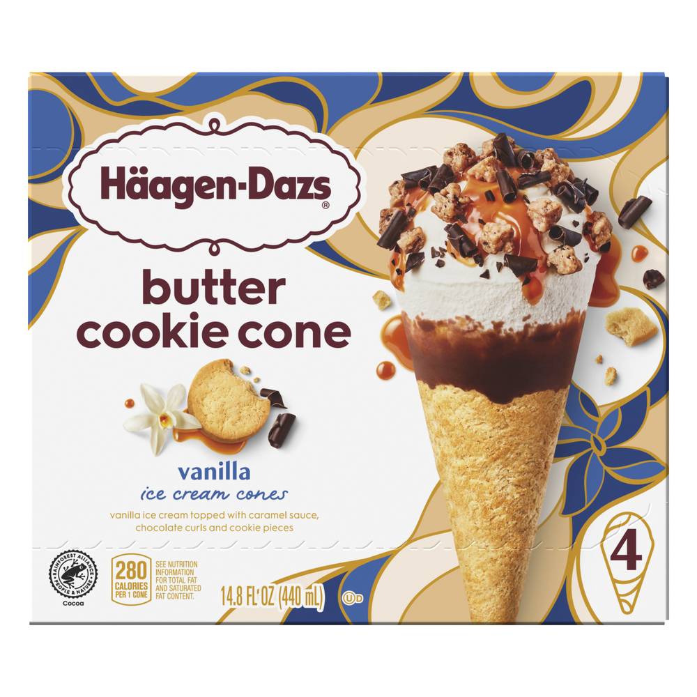 Häagen-Dazs Butter Cookie Cone Ice Cream, Vanilla (14.8 fl oz, 4 ct)