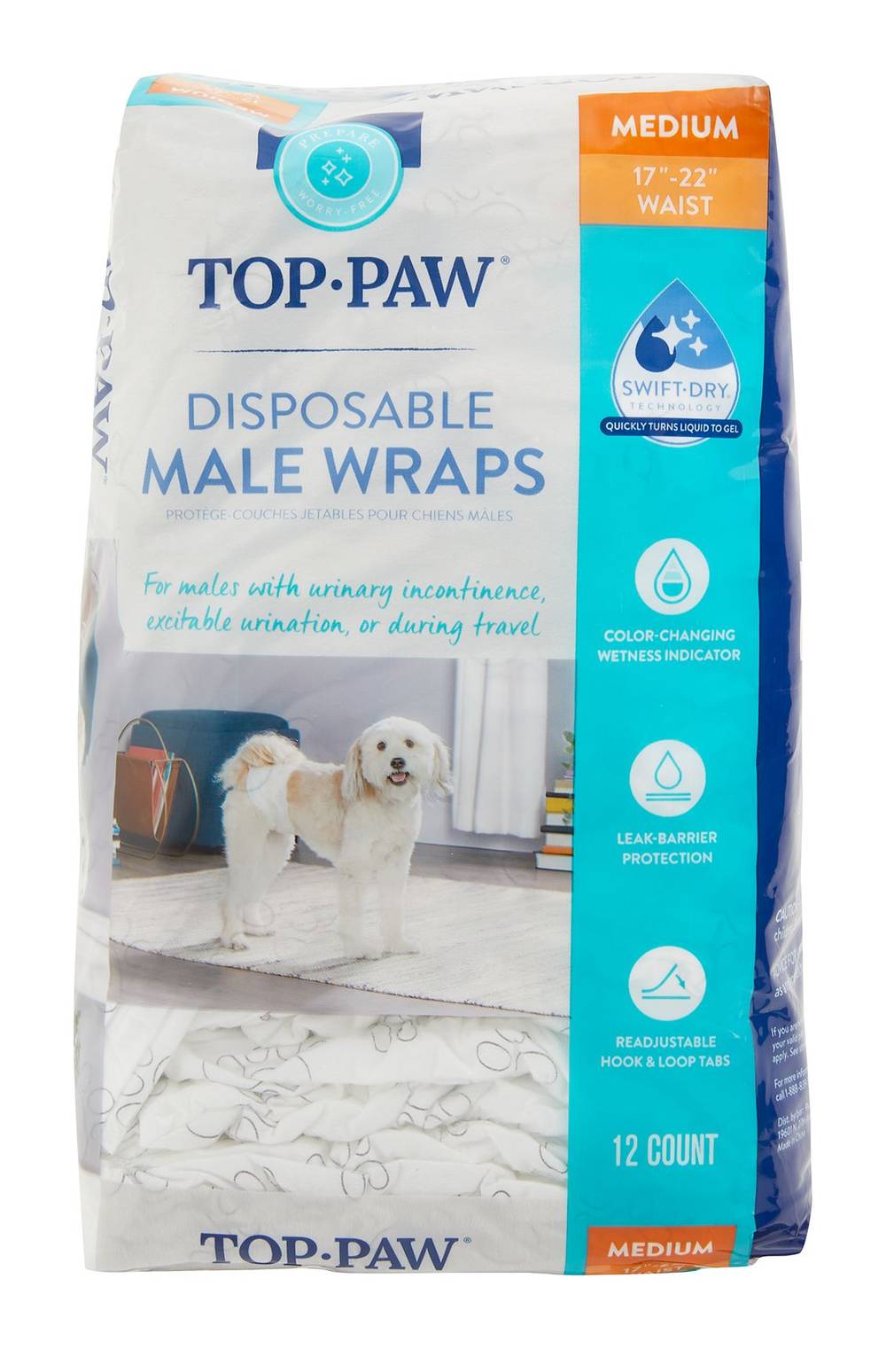 Top Paw Disposable Male Wrap Dog Diapers, Medium, White (12 ct)