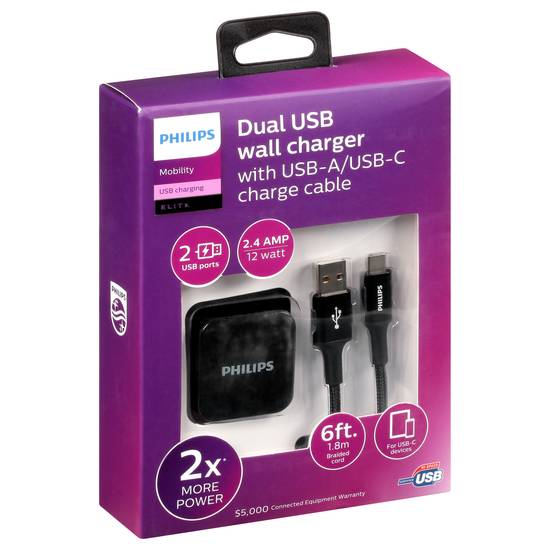 Philips Usb-A/Usb-C Charge Cable Dual Usb Wall Charger
