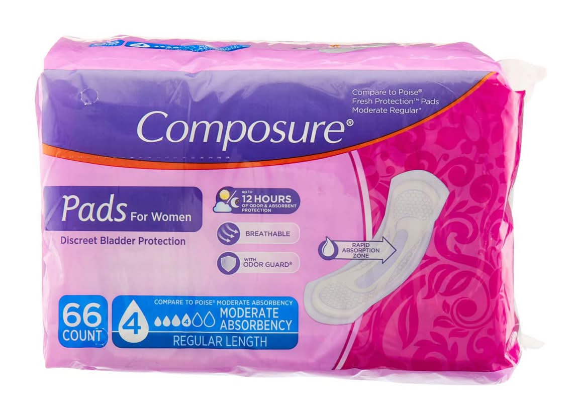 Composure Moderate Absorbency Pads Regular Length 66 Ct