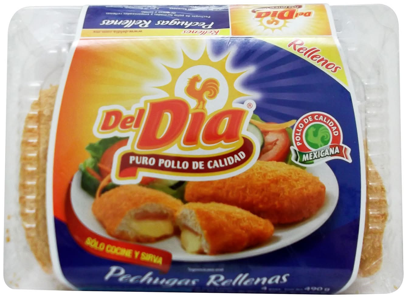 Del Día · Piezas con pollo formadas y empanizadas rellenas de queso y jamón (490 g)