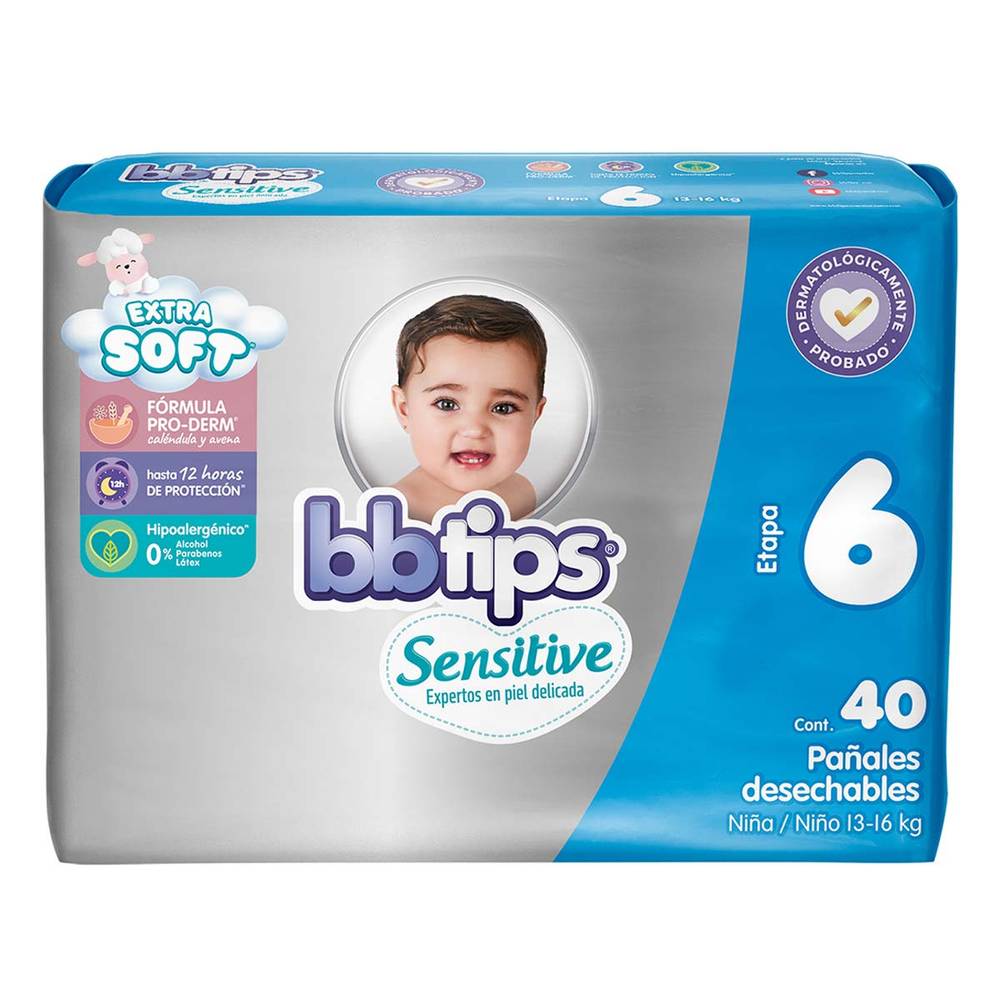 bbtips · Sensitive pañales desechables, XL-Etapa 6 (40 un)