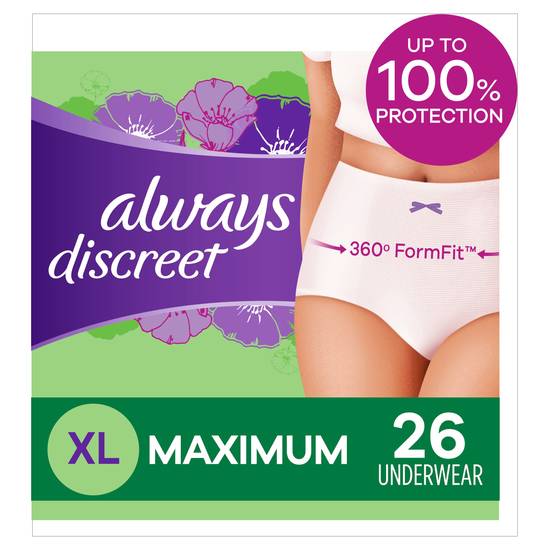Always Discreet, Incontinence & Postpartum Underwear for Women, Maximum, XL, 26 Count