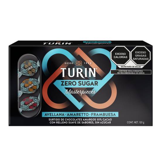 Turín · Chocolate amargo masterpieces 55% cacao, avellana/amaretto/frambuesa (120 g)