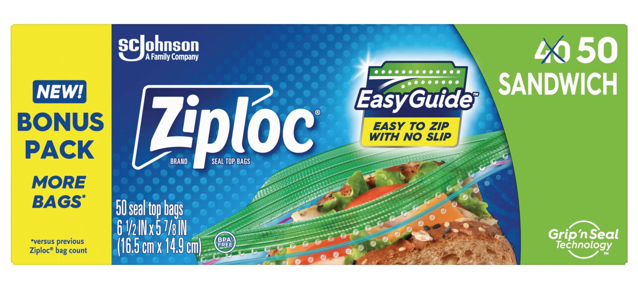 Ziploc Sandwich Bags, 6.5x5.8 In (50 ct)