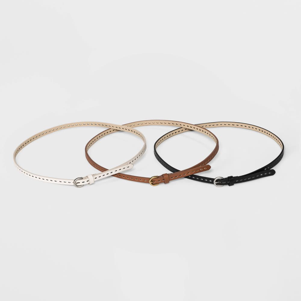Universal Thread Laser Cut Skinny Style Adjustable Strap Belt Set, M, Black/Beige/Brown (3 ct)