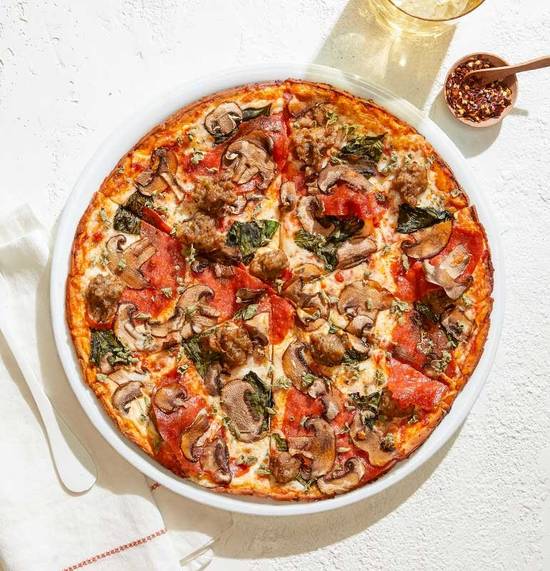 GLUTEN-FREE MUSHROOM PEPPERONI SAUSAGE PIZZA