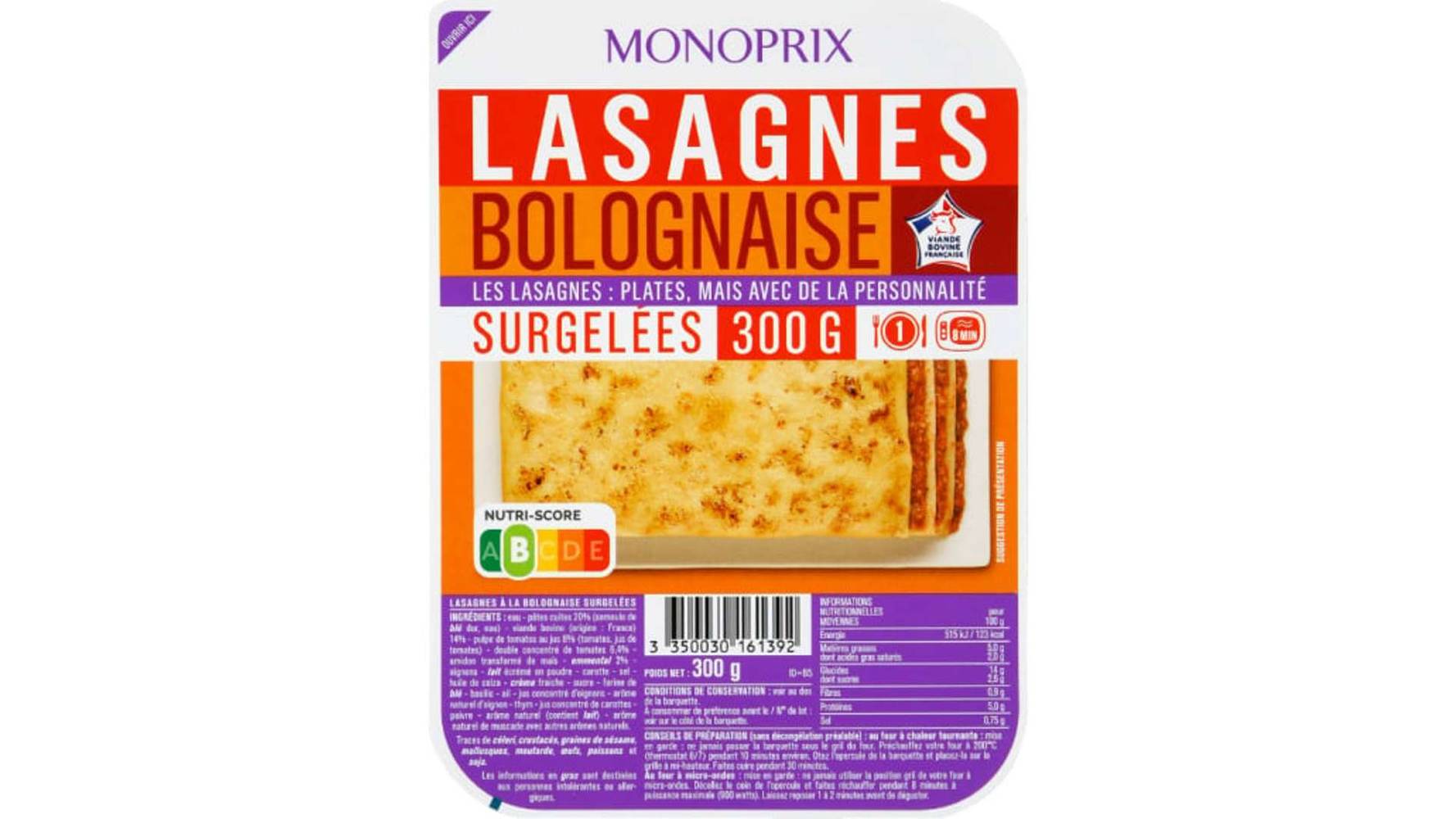 Monoprix Lasagnes bolognaise, surgel{es La barquette de 300g