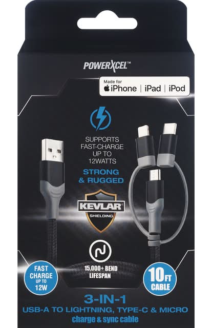PowerXcel 3 In 1 Lighting Micro & Type C Cable, 120 in
