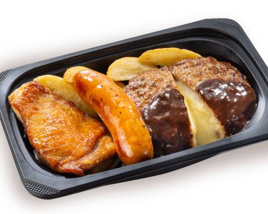 (おかず)チーズINハンバーグミックスグリル（チーズINハンバーグ＆ジャンボフランク＆炭焼き風チキングリル）