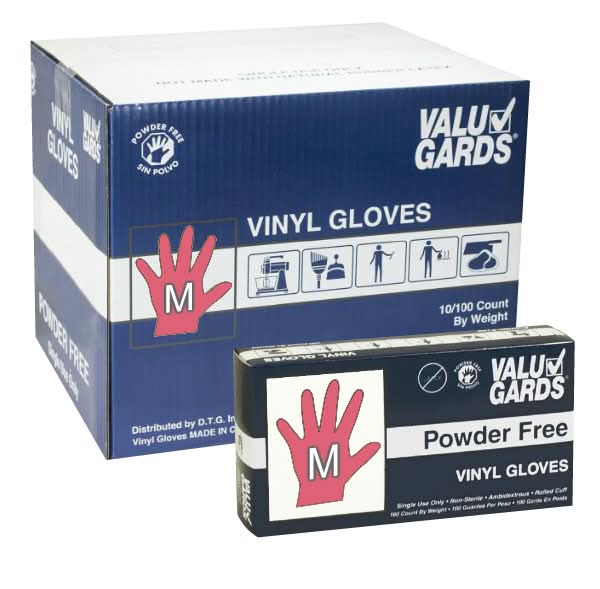 Valugards Powder Free Vinyl Gloves, Medium (10 x 100 ct)