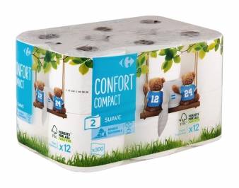 Papel higiénico compact doble rollo Carrefour 12 rollos.