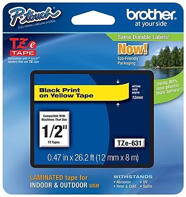 Brother P-touch TZe-631 Laminated Label Maker Tape, 1/2 x 26-2/10', Black On Yellow (TZe-631)