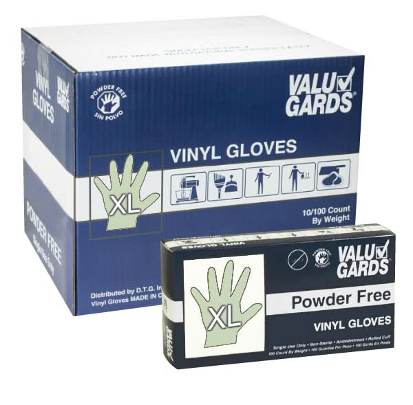 Valugards Powder Free Clear Vinyl Gloves, XL (100 ct)