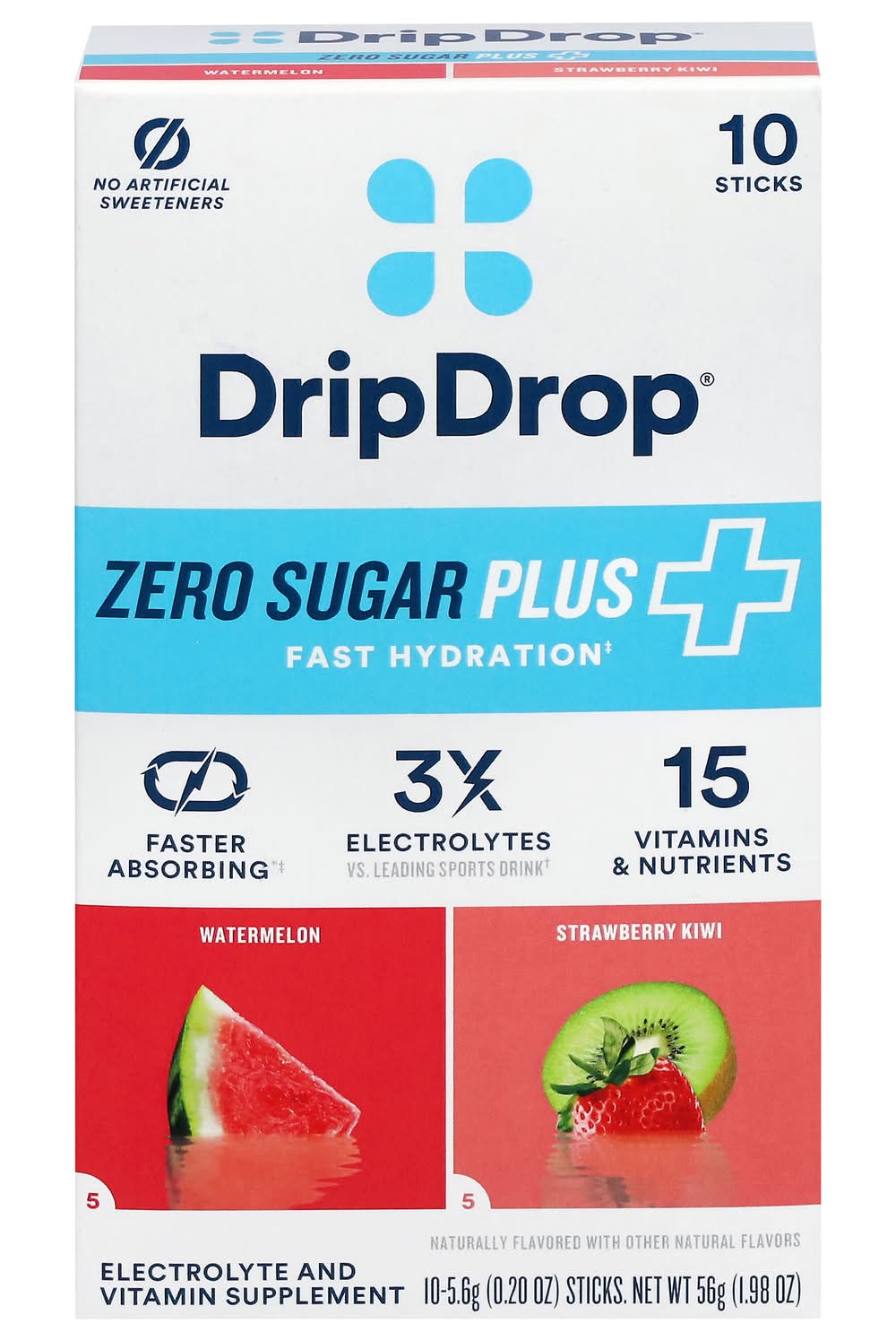 DripDrop Zero Sugar Plus Electrolyte & Vitamin Supplement Sticks, Watermelon-Strawberry Kiwi (10 x 0.2 oz)