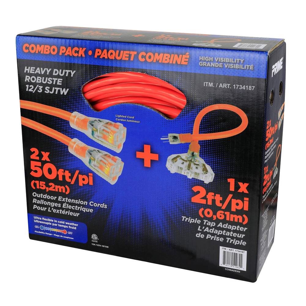 Prime 50ft Neon Extension Cord 2-pack Plus One 2ft Triple Tap Adapter